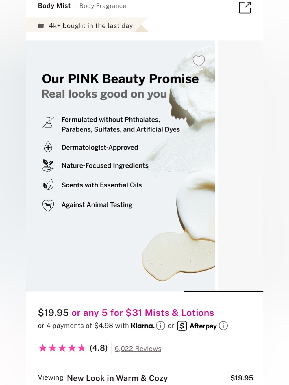 𝐕𝐒 𝐏𝐢𝐧𝐤 𝐅𝐮𝐥𝐥 𝐒𝐢𝐳𝐞, 𝐖𝐚𝐫𝐦 & 𝐂𝐨𝐳𝐲 𝐁𝐨𝐝𝐲 𝐌𝐢𝐬𝐭, 𝟖.𝟒 𝐎𝐳 - Picture 4 of 5